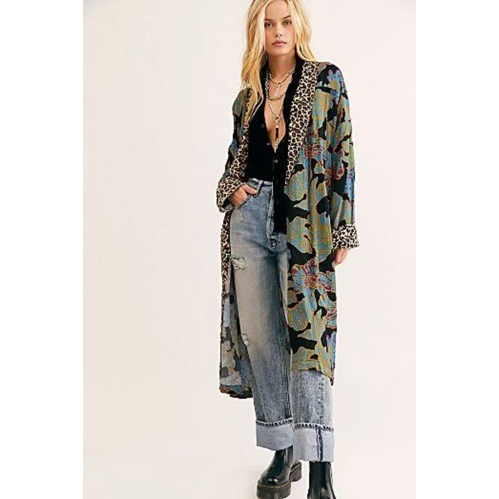 Free People Multicolor Long Printed Leopard Trim Duster Boho Layer Oversized XS
